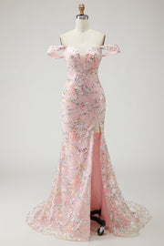 Off the Shoulder Mermaid Sequin Long Blush Prom Dress with Embroidery