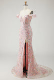 Off the Shoulder Mermaid Sequin Long Blush Prom Dress with Embroidery