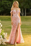 Off The Shoulder Mermaid Blush Sequin Long Prom Dress with Slit