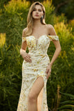 Yellow Off The Shoulder Sequins Mermaid Long Prom Dress with Slit