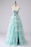 Pink Strapless Tiered A Line Corset Beaded Long Prom Dress with Slit