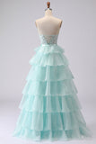 Pink Strapless Tiered A Line Corset Beaded Long Prom Dress with Slit