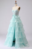 Pink Strapless Tiered A Line Corset Beaded Long Prom Dress with Slit