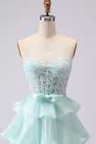 Pink Strapless Tiered A Line Corset Beaded Long Prom Dress with Slit