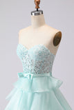 Pink Strapless Tiered A Line Corset Beaded Long Prom Dress with Slit
