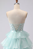 Pink Strapless Tiered A Line Corset Beaded Long Prom Dress with Slit
