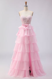 Pink Strapless Tiered A Line Corset Beaded Long Prom Dress with Slit