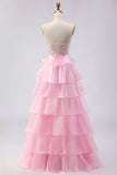 Pink Sweetheart A-Line Ruffled Corset Long Prom Dress with Slit