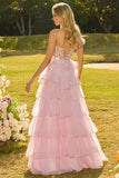 Pink Sweetheart A-Line Ruffled Corset Long Prom Dress with Slit