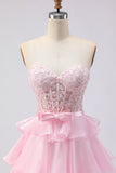 Pink Sweetheart A-Line Ruffled Corset Long Prom Dress with Slit