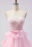 Pink Strapless Tiered A Line Corset Beaded Long Prom Dress with Slit