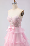 Pink Strapless Tiered A Line Corset Beaded Long Prom Dress with Slit