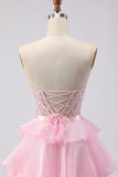 Pink Sweetheart A-Line Ruffled Corset Long Prom Dress with Slit