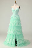 Green A Line Sweetheart Corset Tiered Ruffled Long Prom Dress with Sequins
