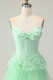 Green A Line Sweetheart Corset Tiered Ruffled Long Prom Dress with Sequins
