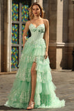 Green A Line Corset Sweetheart Tiered Ruffled Long Prom Dress with Sequins