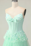 Green A Line Sweetheart Corset Tiered Ruffled Long Prom Dress with Sequins