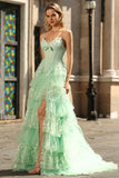 Green A Line Corset Sweetheart Tiered Ruffled Long Prom Dress with Sequins