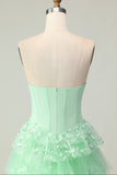 Green A Line Sweetheart Corset Tiered Ruffled Long Prom Dress with Sequins
