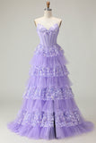Sweetheart A Line Purple Corset Tiered Ruffle Long Prom Dress with Sequins
