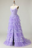 Sweetheart A Line Purple Corset Tiered Ruffle Long Prom Dress with Sequins