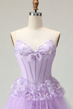 Sweetheart A Line Purple Corset Tiered Ruffle Long Prom Dress with Sequins