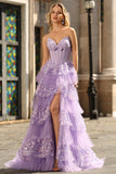 Purple Sweetheart A Line Corset Tiered Ruffle Long Prom Dress with Sequins