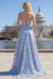 Blue A-Line Corset Embroidered Lace Up Back Long Floral Prom Dress with Slit