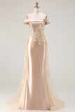 Grey Blue Mermaid Off the Shoulder Appliqued Mother of the Bride Dress with Sequins