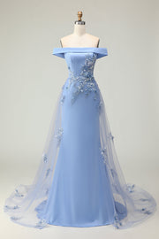 Off the Shoulder Grey Blue Mermaid Appliqued Mother of the Bride Dress with Sequins