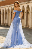 Grey Blue Mermaid Off the Shoulder Appliqued Mother of the Bride Dress with Sequins