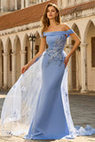 Grey Blue Mermaid Off the Shoulder Appliqued Mother of the Bride Dress with Sequins