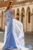 Grey Blue Mermaid Off the Shoulder Appliqued Mother of the Bride Dress with Sequins