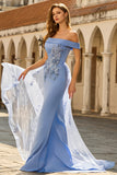 Grey Blue Mermaid Off the Shoulder Appliqued Mother of the Bride Dress with Sequins