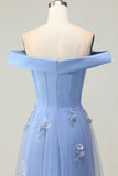 Grey Blue Mermaid Off the Shoulder Appliqued Mother of the Bride Dress with Sequins