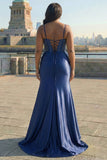 Navy Mermaid Beaded Corset Embroidered Long Prom Dress with Slit