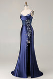 Burgundy Mermaid Beaded Embroidered Plus Size Long Prom Dress with Slit