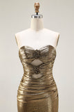 Metallic Dark Golden Mermaid Strapless Cut Out Long Prom Dress with Slit