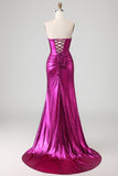 Metallic Fuchsia Mermaid Strapless Cut Out 3D Flowers Long Prom Dress with Slit