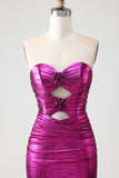 Metallic Fuchsia Mermaid Strapless Cut Out 3D Flowers Long Prom Dress with Slit