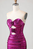 Metallic Fuchsia Mermaid Strapless Cut Out 3D Flowers Long Prom Dress with Slit