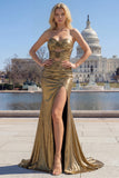 Metallic Fuchsia Mermaid Strapless Cut Out 3D Flowers Long Prom Dress with Slit