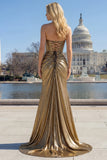 Metallic Fuchsia Mermaid Strapless Cut Out 3D Flowers Long Prom Dress with Slit