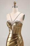 Metallic Golden Beaded Corset Mermaid Long Prom Dress With Slit