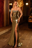 Metallic Golden Beaded Mermaid Corset Long Prom Dress With Slit