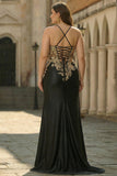 Black Mermaid Beaded Embroidered Satin Sequin Long Prom Dress with Slit