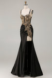 Black Mermaid Beaded Embroidered Satin Sequin Long Prom Dress with Slit