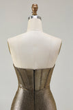 Metallic Dark Golden Beaded Corset Strapless Long Prom Dress