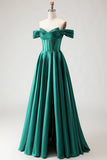 Off The Shoulder Dark Green Beaded A Line Corset Long Prom Dress with Slit