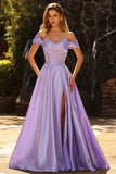 Off The Shoulder Purple A Line Beaded Long Satin Prom Dress with Slit